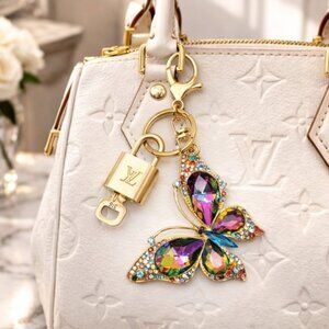 LV Authentic Gold Lock & Key 🔑 Luxury Bag Charm w/ Unbranded Butterfly Keychain